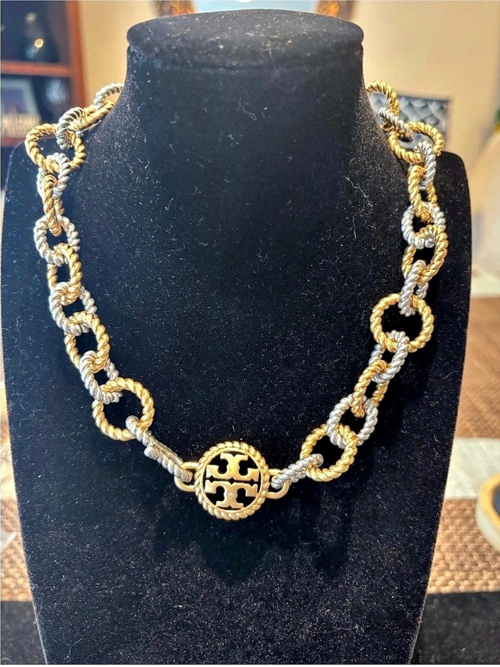 Tory Burch Two Tone Gold and Silver Textured Brass Rope Necklace